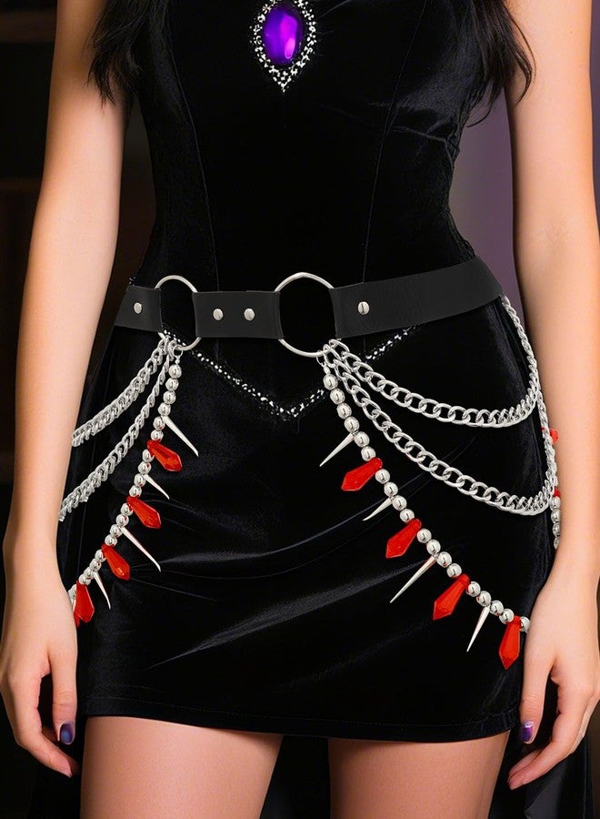 ELABEST Leather Waist Chain Belt Red Crystal Chain Layered Gothic Black Belly Jewelry for Women - Image 5