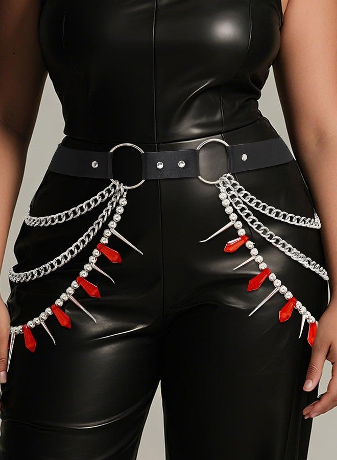 ELABEST Leather Waist Chain Belt Red Crystal Chain Layered Gothic Black Belly Jewelry for Women - Image 2
