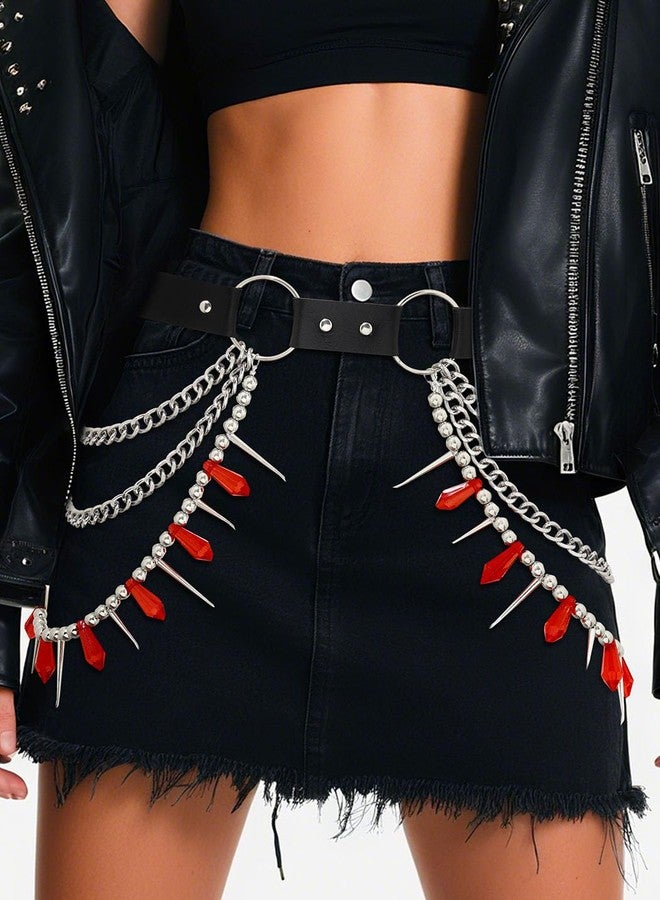 ELABEST Leather Waist Chain Belt Red Crystal Chain Layered Gothic Black Belly Jewelry for Women - Image 4