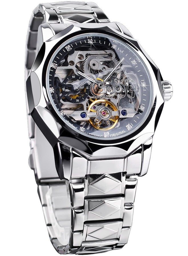 FORSINING Men's Skeleton Automatic Mechanical Watch with Diamond-Cut 12-Sided Bezel & Exposed Gears & Tourbillon Design, Unique Rhombus-Link Stainless Steel Bracelet Self-Wind Wristwatch, Silver Black - Image 1