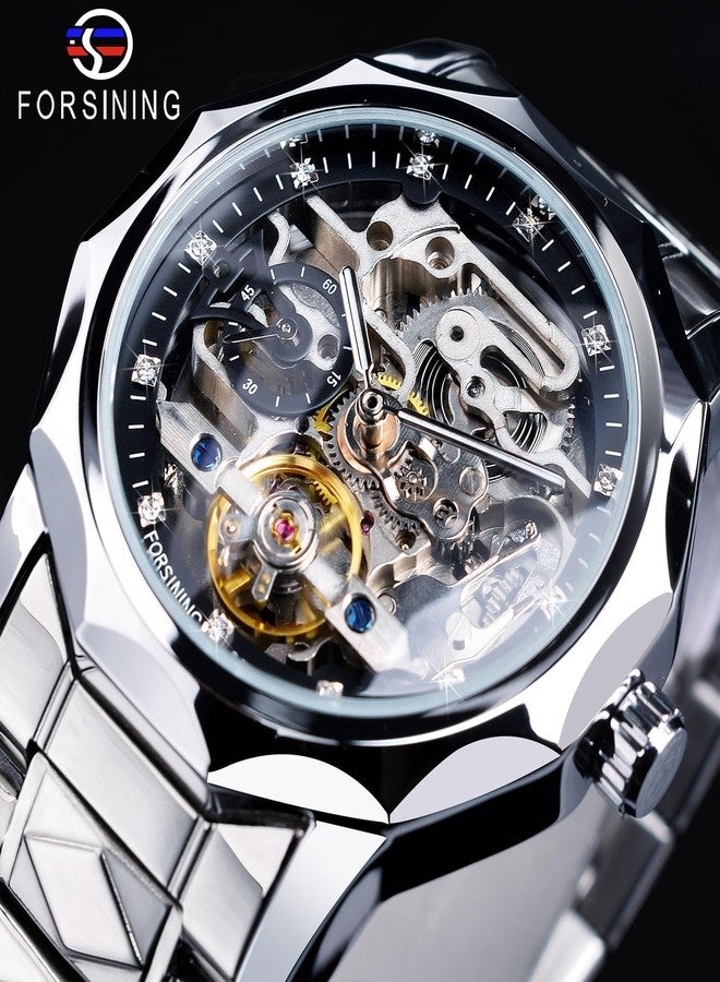 FORSINING Men's Skeleton Automatic Mechanical Watch with Diamond-Cut 12-Sided Bezel & Exposed Gears & Tourbillon Design, Unique Rhombus-Link Stainless Steel Bracelet Self-Wind Wristwatch, Silver Black - Image 2