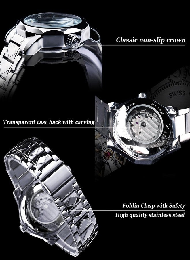 FORSINING Men's Skeleton Automatic Mechanical Watch with Diamond-Cut 12-Sided Bezel & Exposed Gears & Tourbillon Design, Unique Rhombus-Link Stainless Steel Bracelet Self-Wind Wristwatch, Silver Black - Image 4