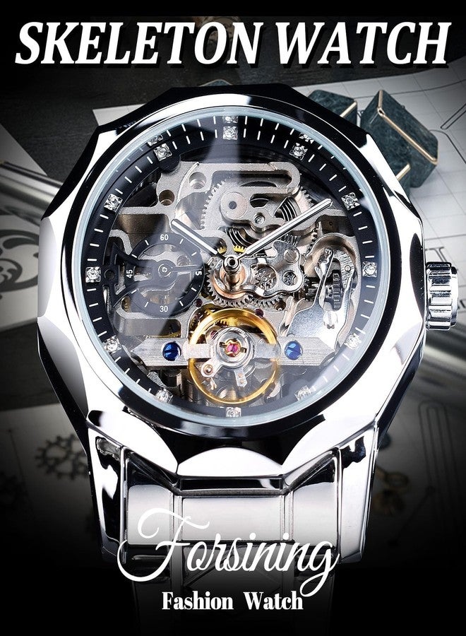 FORSINING Men's Skeleton Automatic Mechanical Watch with Diamond-Cut 12-Sided Bezel & Exposed Gears & Tourbillon Design, Unique Rhombus-Link Stainless Steel Bracelet Self-Wind Wristwatch, Silver Black - Image 3