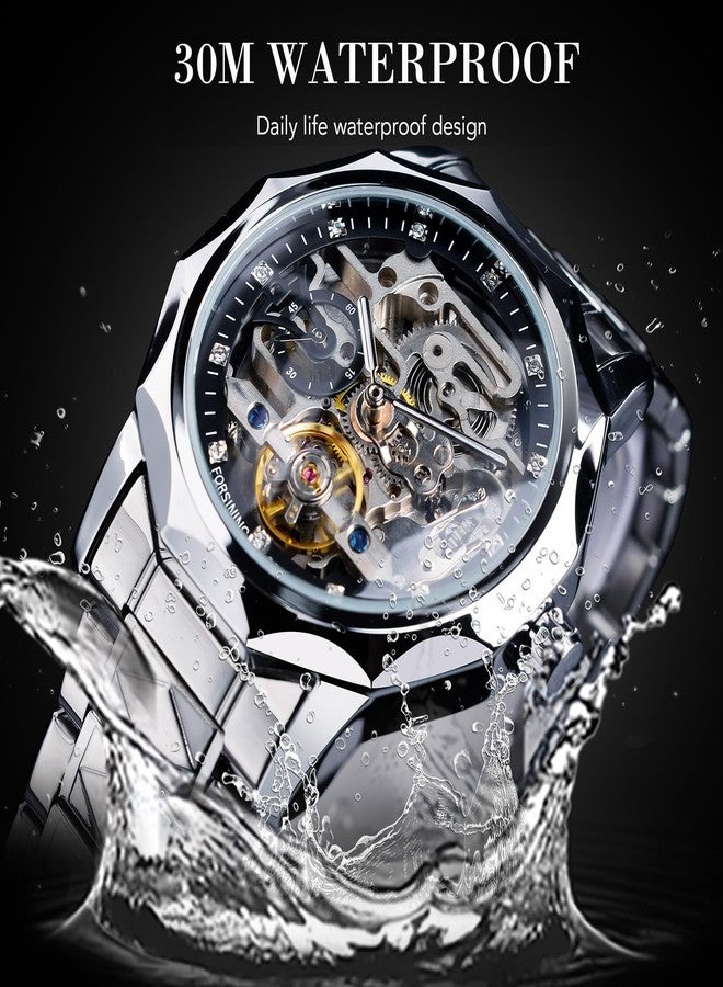 FORSINING Men's Skeleton Automatic Mechanical Watch with Diamond-Cut 12-Sided Bezel & Exposed Gears & Tourbillon Design, Unique Rhombus-Link Stainless Steel Bracelet Self-Wind Wristwatch, Silver Black - Image 5