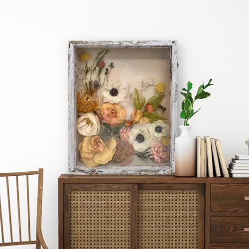 GraduationMall 16x20 Wood Shadow Box Frame Glass Door Display Case with Linen Back and 6 Stick Pins15 inches Interior DepthIdeal for Memorabilia Pictures Flowers Medals Tickets Rustic White - Image 3
