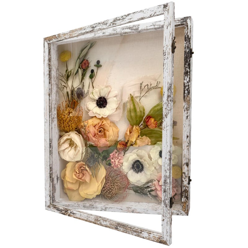 GraduationMall 16x20 Wood Shadow Box Frame Glass Door Display Case with Linen Back and 6 Stick Pins15 inches Interior DepthIdeal for Memorabilia Pictures Flowers Medals Tickets Rustic White - Image 2