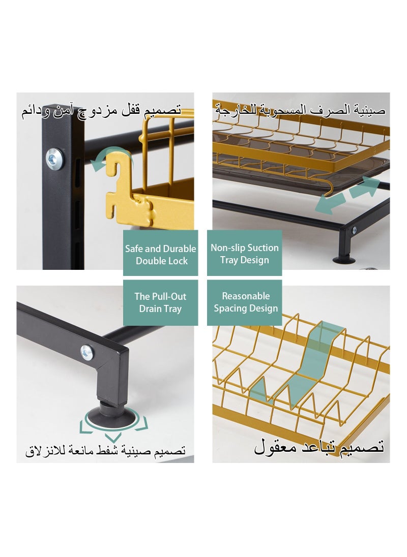 ليكتو كافت - حامل صحون قابل للتعديل بثلاثة طبقات من ، حامل صحون من الفولاذ المقاوم للصدأ للمطبخ باللون الأسود الكبير الذهبي، 40W × 62H سم، 15.5W × 24.5H بوصة - Image 1