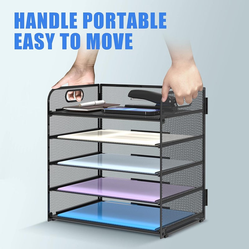 SUPEASY 5 Trays Paper Organizer Letter Tray with Handle-Mesh Desk File Organizer,Black Paper Sorter Desk Organizer for Office,Home or School - Image 5