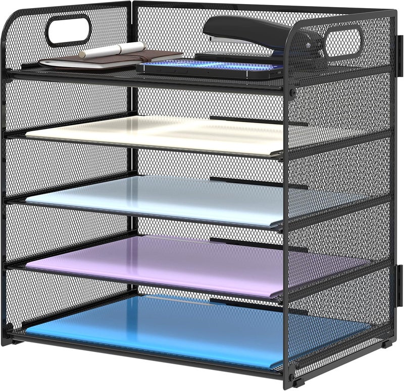 SUPEASY 5 Trays Paper Organizer Letter Tray with Handle-Mesh Desk File Organizer,Black Paper Sorter Desk Organizer for Office,Home or School - Image 1