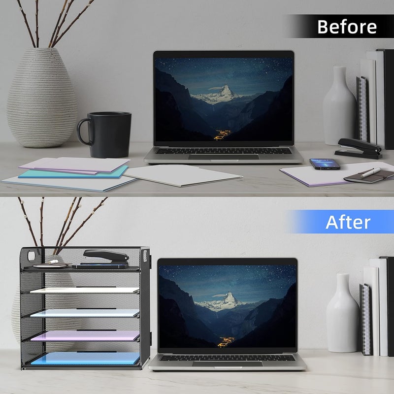 SUPEASY 5 Trays Paper Organizer Letter Tray with Handle-Mesh Desk File Organizer,Black Paper Sorter Desk Organizer for Office,Home or School - Image 4