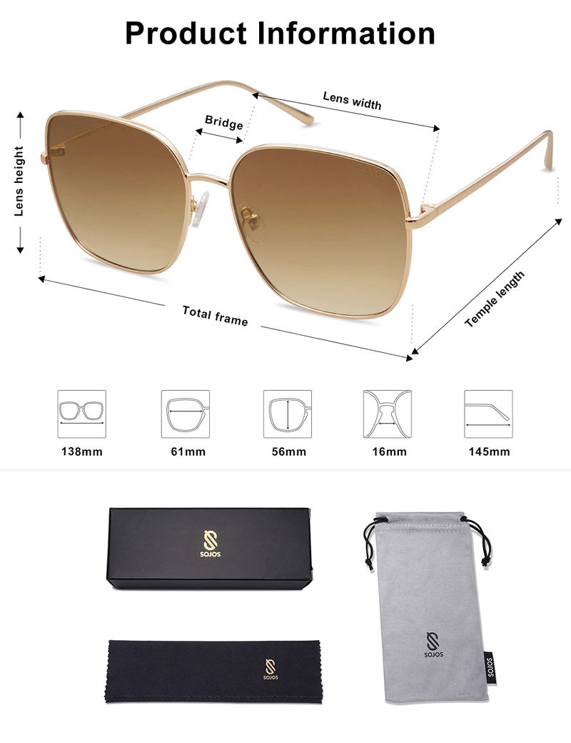 SOJOS Trendy Oversized Square Sunglasses for Women Men Flat Mirrored Lens UV Protection SJ1146 with Bright Gold Metal Frame/Brown Grading Lens - Image 5