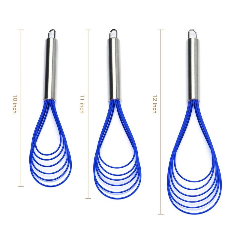 Jell-Cell Flat Whisk Set,Stainless Steel 3 Pack 10''+11''+12'' Premium Sturdy-6 Silicone Heads Non Stick Wires Whisk for Blending Beating Stirring Kitchen Cooking by Jell-Cell (Blue) - Image 4