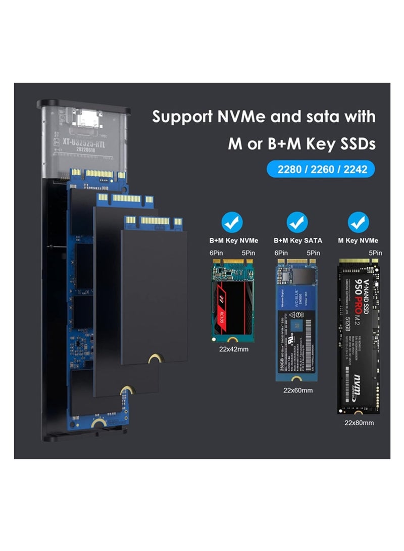 M.2 NVME SATA SSD Enclosure Aluminum Adapter, Hard Drive Enclosure, USB C Gen 2 NVME PCIe 10Gbps SATA M-Key/B+M Key External SSD Adapter, M.2 SSD Enclosure for 2230/2242/2260/2280, Support UASP Trim - Image 3