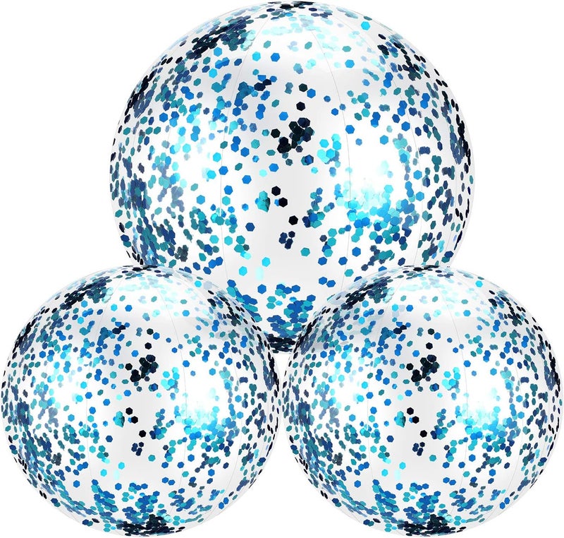 Hsei 3 Pcs Inflatable Beach Ball 16 Inch Glitter Summer Swimming Pool Disco Balls with Confetti Floatable Blow up Toys Decorations for Beach Wedding Outdoor birthday Party Favor(Blue) - Image 1