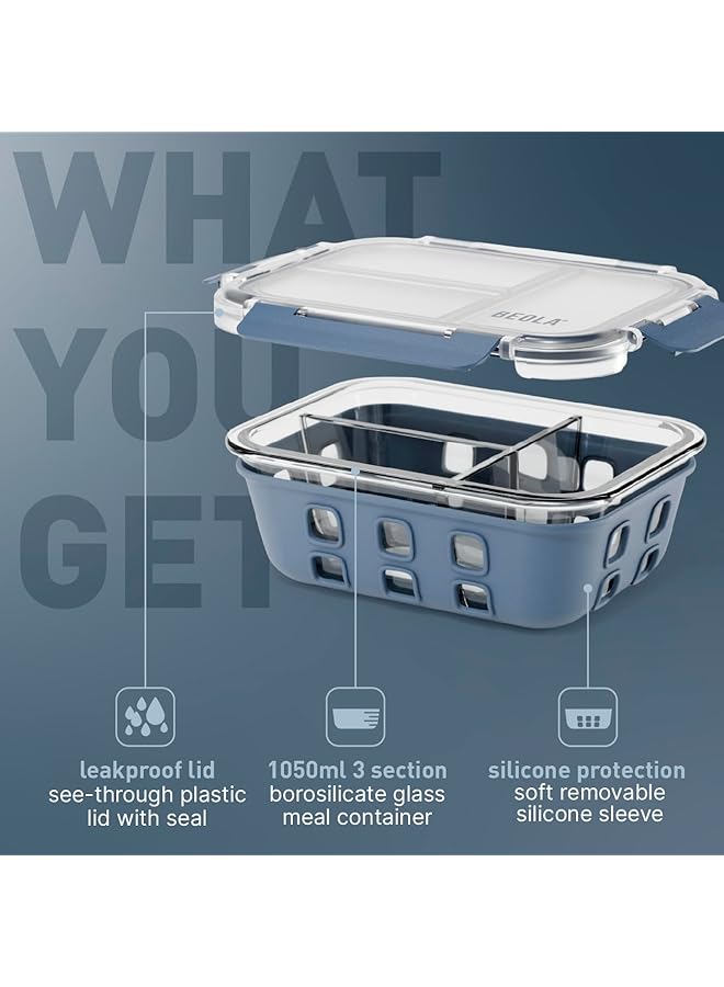 بيولا علبة تخزين طعام زجاجية بثلاثة أقسام، صندوق غداء، مع غطاء محكم الإغلاق وحماية من السيليكون، حاوية تحضير وجبات من ثلاثة أقسام، قابلة للتجميد، غسالة الأطباق، آمنة للاستخدام في الميكروويف، سعة 1050 مل (أزرق بحري) - Image 2