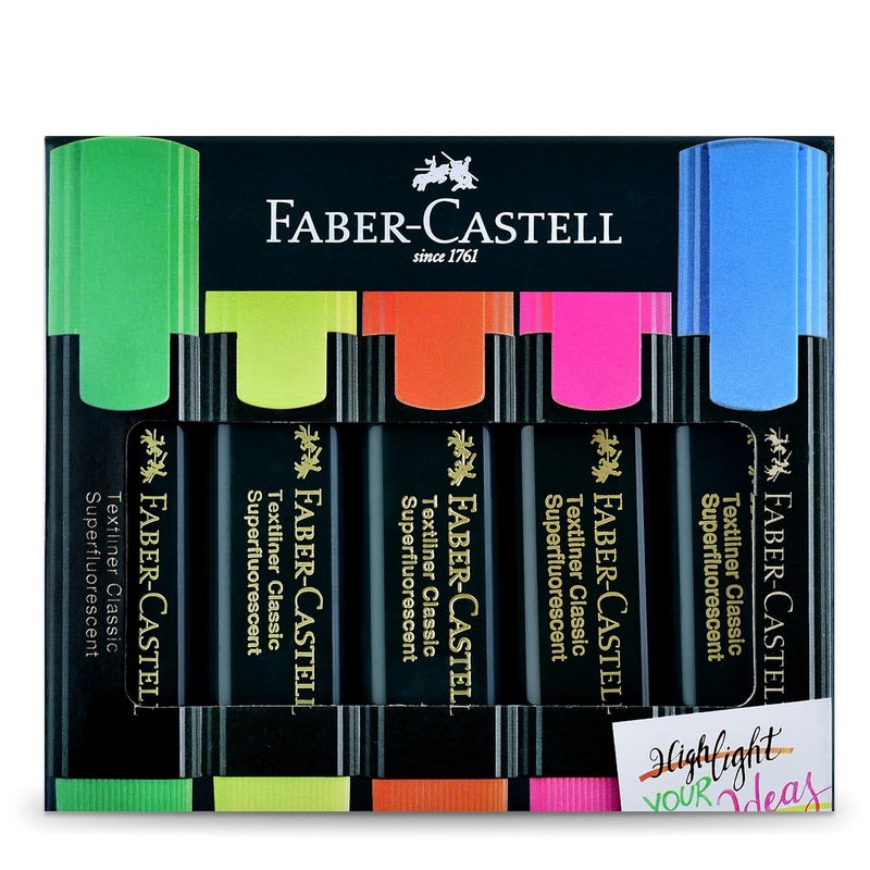 FABER-CASTELL Textliner Pen Set – Pack of 5 Assorted Colours | Refillable Markers for Study, Journaling & Doodling | Stationery Essential for Students - Image 1