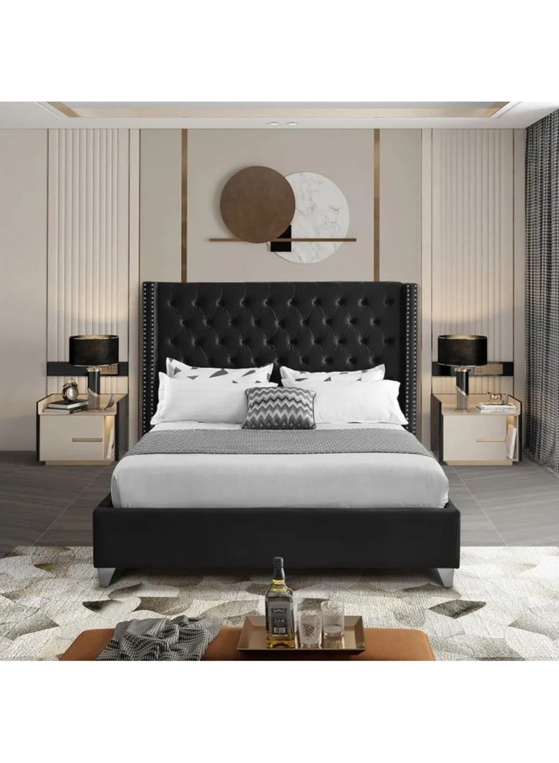 Karnak Amos Button Tufted Upholstered Velvet Bed  (Queen Size 160x200cm Black) - Image 1