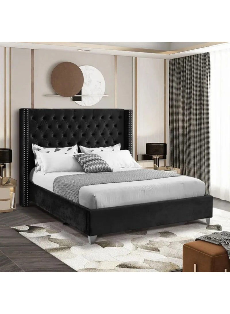 Karnak Amos Button Tufted Upholstered Velvet Bed  (Queen Size 160x200cm Black) - Image 2