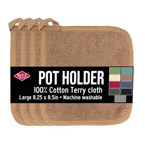 RITZ Terry Potholder & Hot Pad: Unparalleled Heat Resistant, Durable 100% Cotton – Ergonomically Designed for Optimal Grip – Easy-Care Machine Washable – 4-Pack, Mocha Brown - Image 1
