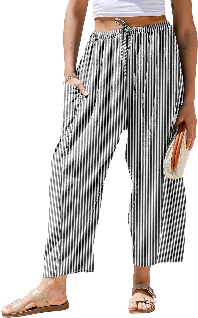 TARSE Womens Linen Wide Leg Striped Pants Casual Barrel Loose Drawstring Low Waist Palazzo Harem Pants with Pockets(Blackwhite,S) - Image 1