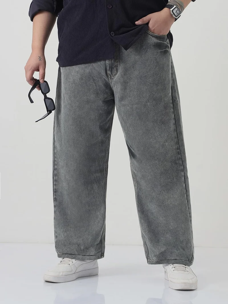 Urbano Plus Men's Light Grey Loose Baggy Fit Washed Jeans Non-Stretchable