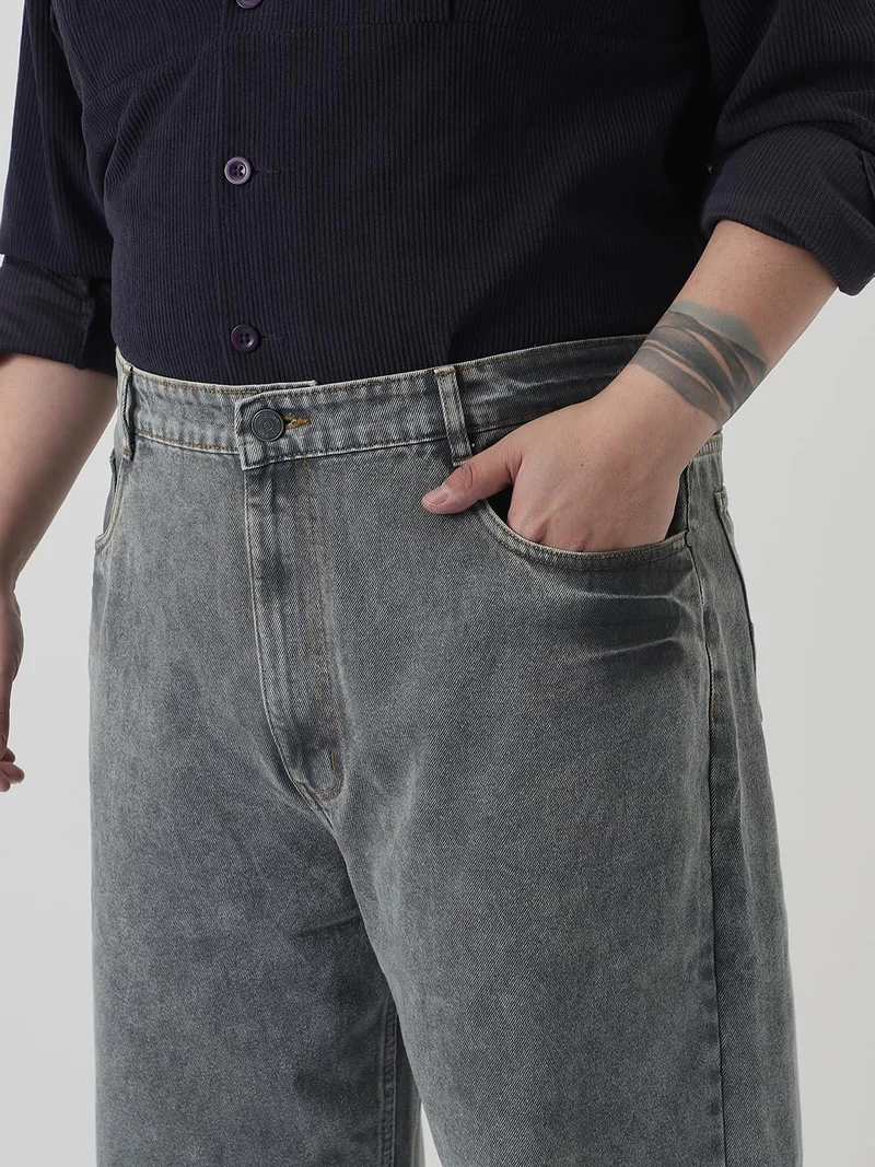 Urbano Fashion  Urbano Plus Men's Light Grey Loose Baggy Fit Washed Jeans Non-Stretchable  | Best Price UAE