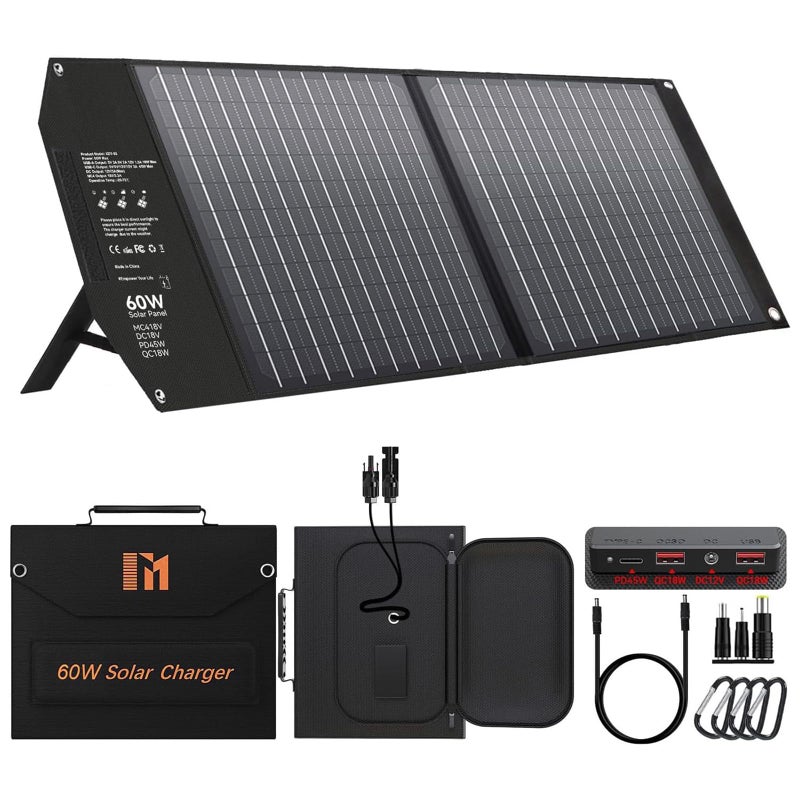 mesuvida 60W Portable Foldable Solar Panels Chargers with PD30 PD45W USBC QC30 USBA 18V DC MC4 Outputs for Camping Backpacking RV Trip Fast Charging for Small Power Station Generator Cell Phone Power Bank