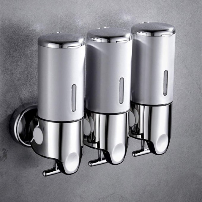 3 IN 1 CHAMBER WALL MOUNTED BATHROOM SHOWER PUMP DISPENSER AND ORGANIZERHOLDS SHAMPOO SOAP CONDITIONER SHOWER GEL FOR BATHROOM KITCHEN HOTEL SILVER