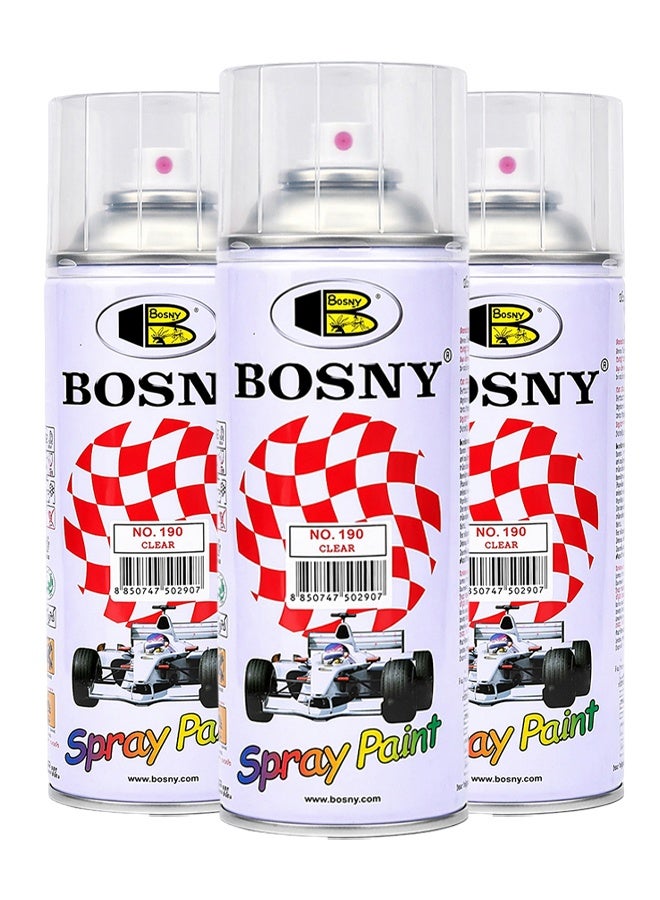 Bosny 3 pcs Bosny Clear Spray Paint Transparent Gloss Finish Fast Dry Multipurpose Coating for Metal Wood Plastic Automotive Touch Up Protective Top Coat 400ml - Image 1