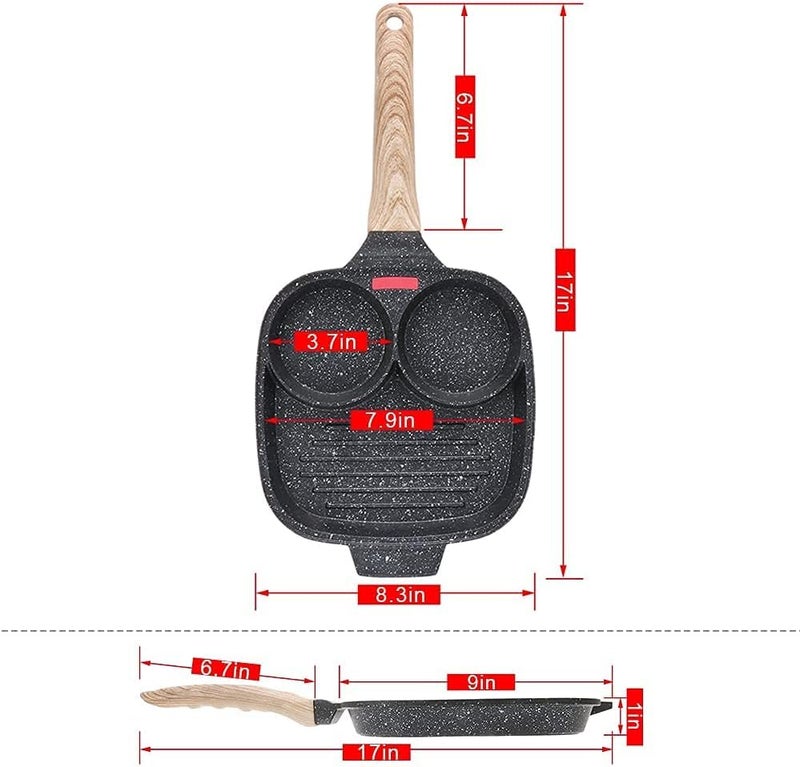 GALV 3 Section Breakfast Frying Pan Non Stick Egg Frying pan with Blocks Aluminium Fry pan for Cooking with Wooden Handle Egg Omelette pan Round with Detachable Handle 1 pcsBlack19 X 25 cm - Image 2