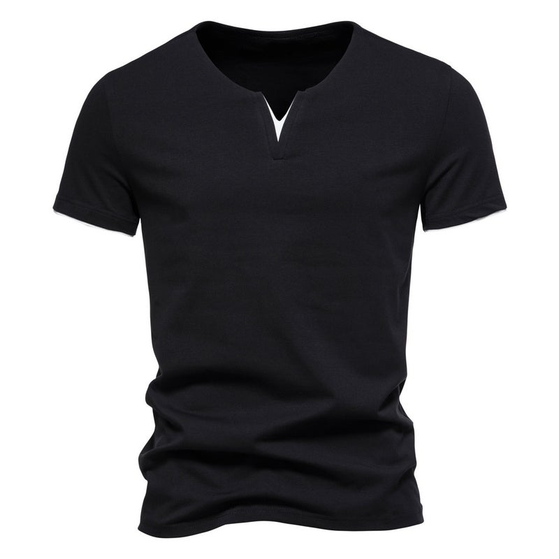 Fake Two-Piece V Neck T-Shirt Short-Sleeved Men'S Fashion Trendy Cotton Pure Color Fitness Sports T-Shirt - Image 3