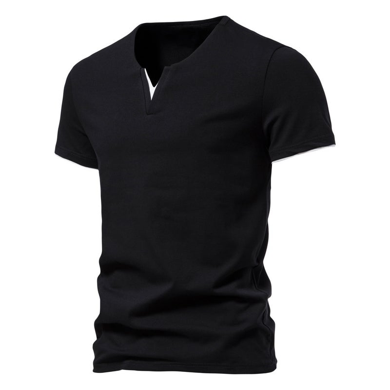 Fake Two-Piece V Neck T-Shirt Short-Sleeved Men'S Fashion Trendy Cotton Pure Color Fitness Sports T-Shirt - Image 1