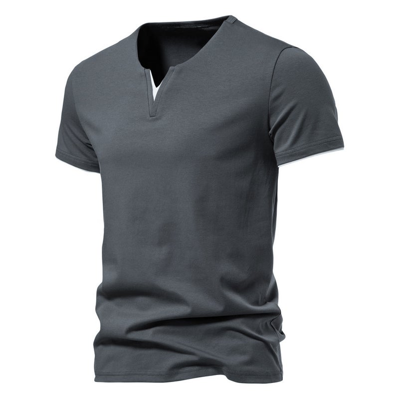 Fake Two-Piece V Neck T-Shirt Short-Sleeved Men'S Fashion Trendy Cotton Pure Color Fitness Sports T-Shirt - Image 5