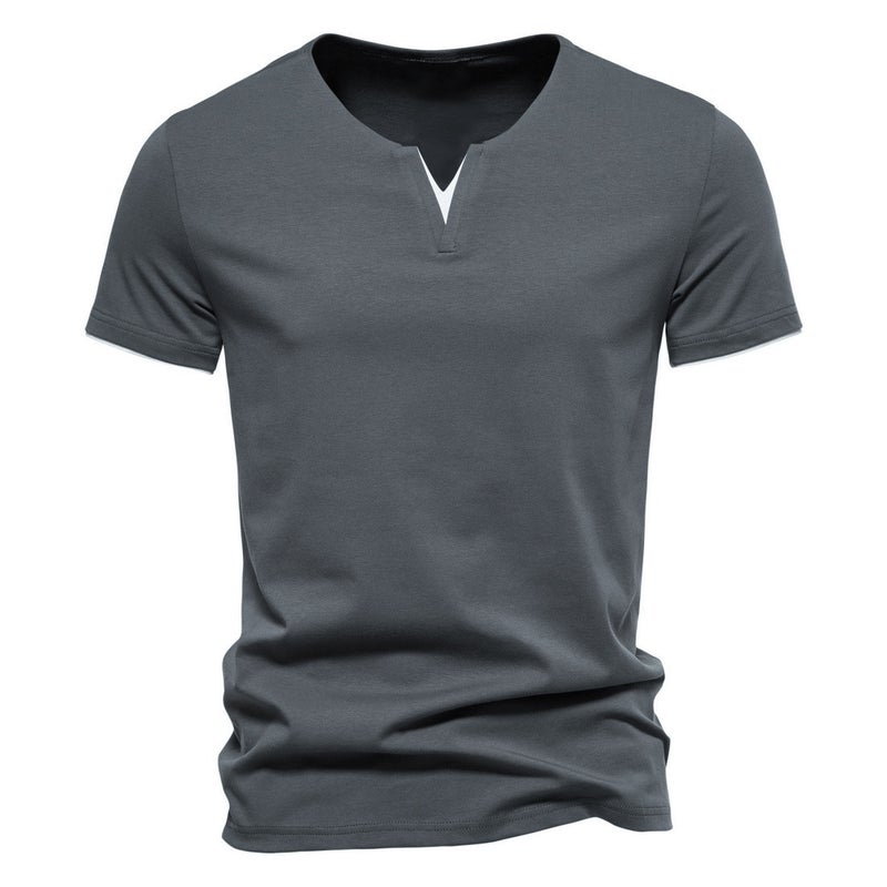 Fake Two-Piece V Neck T-Shirt Short-Sleeved Men'S Fashion Trendy Cotton Pure Color Fitness Sports T-Shirt - Image 4