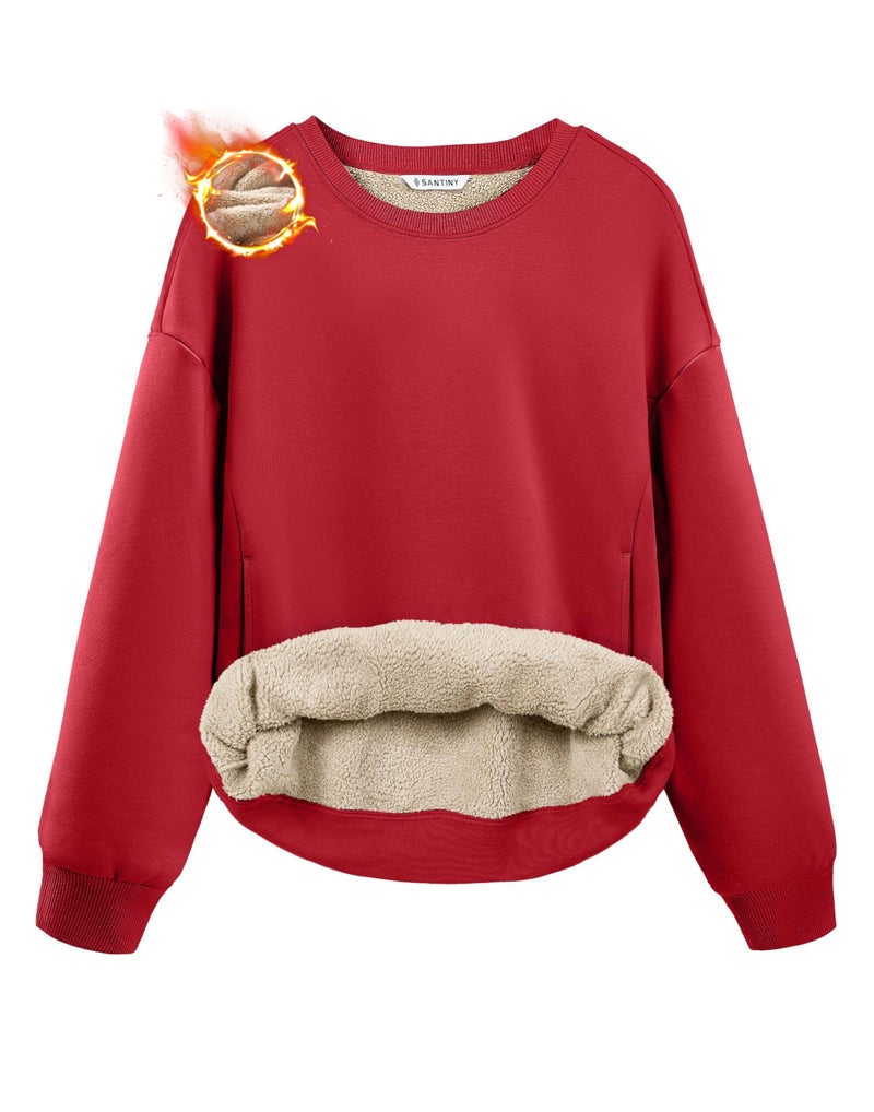 SANTINY Women's Fleece Sherpa Lined Sweatshirt Warm Winter Pullover Sweaters Cozy Thick Crewneck Sweatshirts with Pockets (Red_S) - Image 1