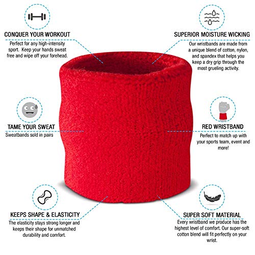 Suddora Wrist Sweatbands, Absorbent and Breathable Thick Cotton Bands for Working Out, Gymnastics, Basketball, Tennis, and Football, Multiuse Wristbands for Costumes and Cosplay (Pair) (Red) - Image 2