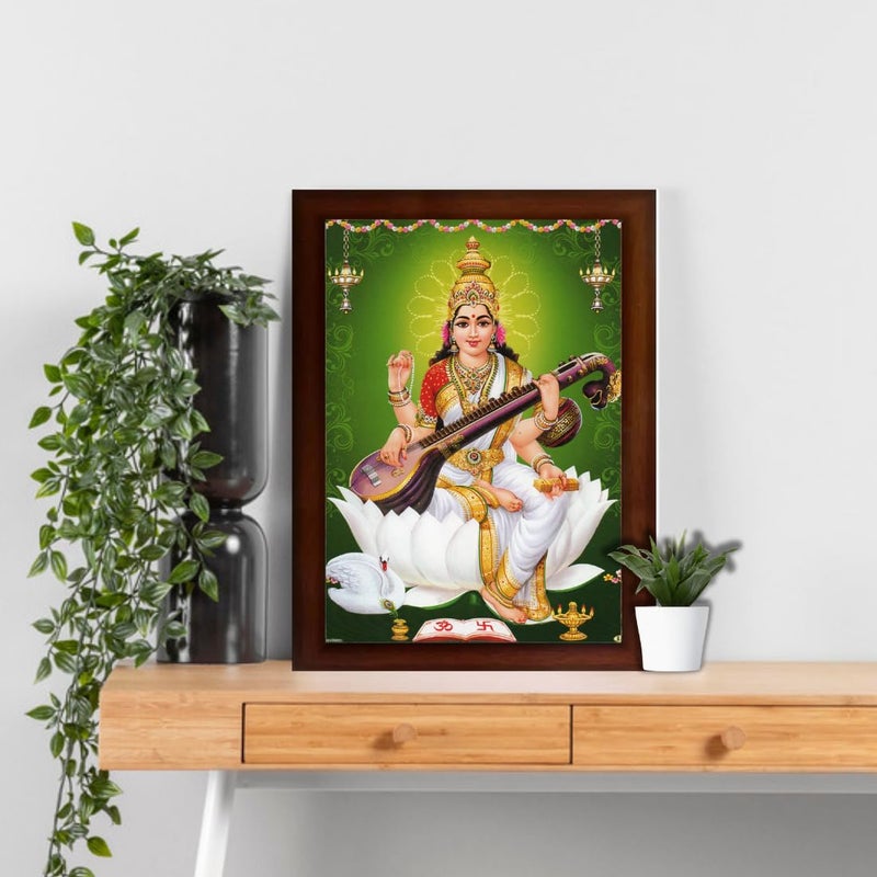 Craft Quest Saraswati Devi Goddess Saraswathi Maa Wall Painting Sparkle Coated Framed Home Decor Wood Matte Brown Large Size 13 X 10 Inches - Image 3