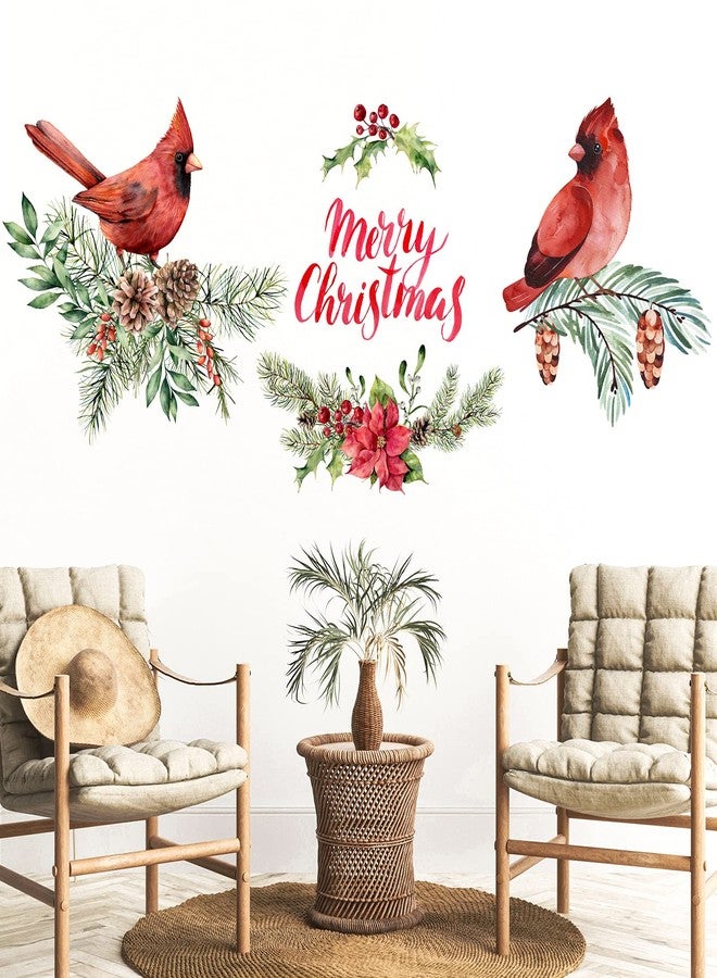 Chinco 4 Pieces Merry Christmas Wall Decals Cardinal Stickers Red Bird Decals Vinyl, Pine Cones Cardinal Window Cling, for Wall Office Home Bathroom Christmas Winter Decor - Image 1