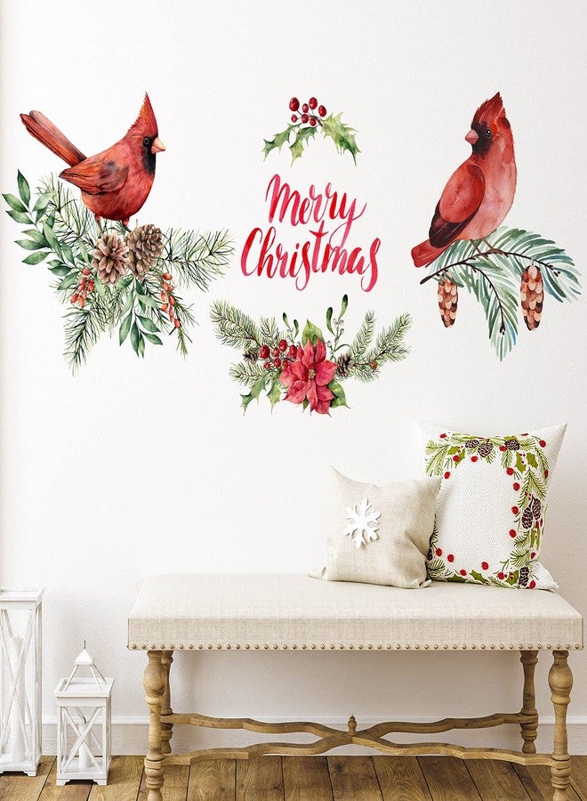 Chinco 4 Pieces Merry Christmas Wall Decals Cardinal Stickers Red Bird Decals Vinyl, Pine Cones Cardinal Window Cling, for Wall Office Home Bathroom Christmas Winter Decor - Image 5