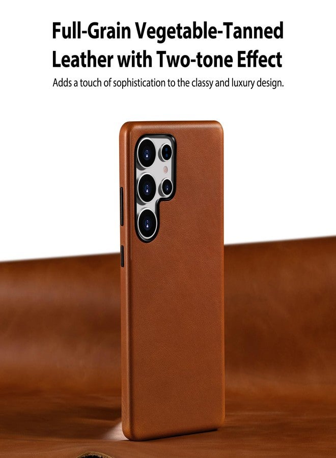 Belemay Leather Case for Samsung Galaxy S25 Ultra Compatible with MagSafe, Premium Full-Grain Vegetable-Tanned Leather, Rich Patina, Secure Grip, Metal Buttons, Smooth & Luxury Cover, Saddle Brown - Image 2