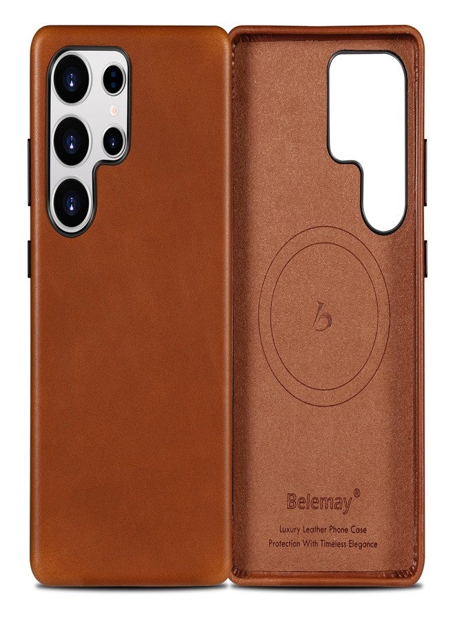 Belemay Leather Case for Samsung Galaxy S25 Ultra Compatible with MagSafe, Premium Full-Grain Vegetable-Tanned Leather, Rich Patina, Secure Grip, Metal Buttons, Smooth & Luxury Cover, Saddle Brown - Image 1