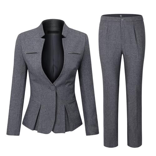 YUNCLOS Women's Elegant Business 2 Piece Office Lady Suit Set Work Blazer Pant Dark Grey - Image 1
