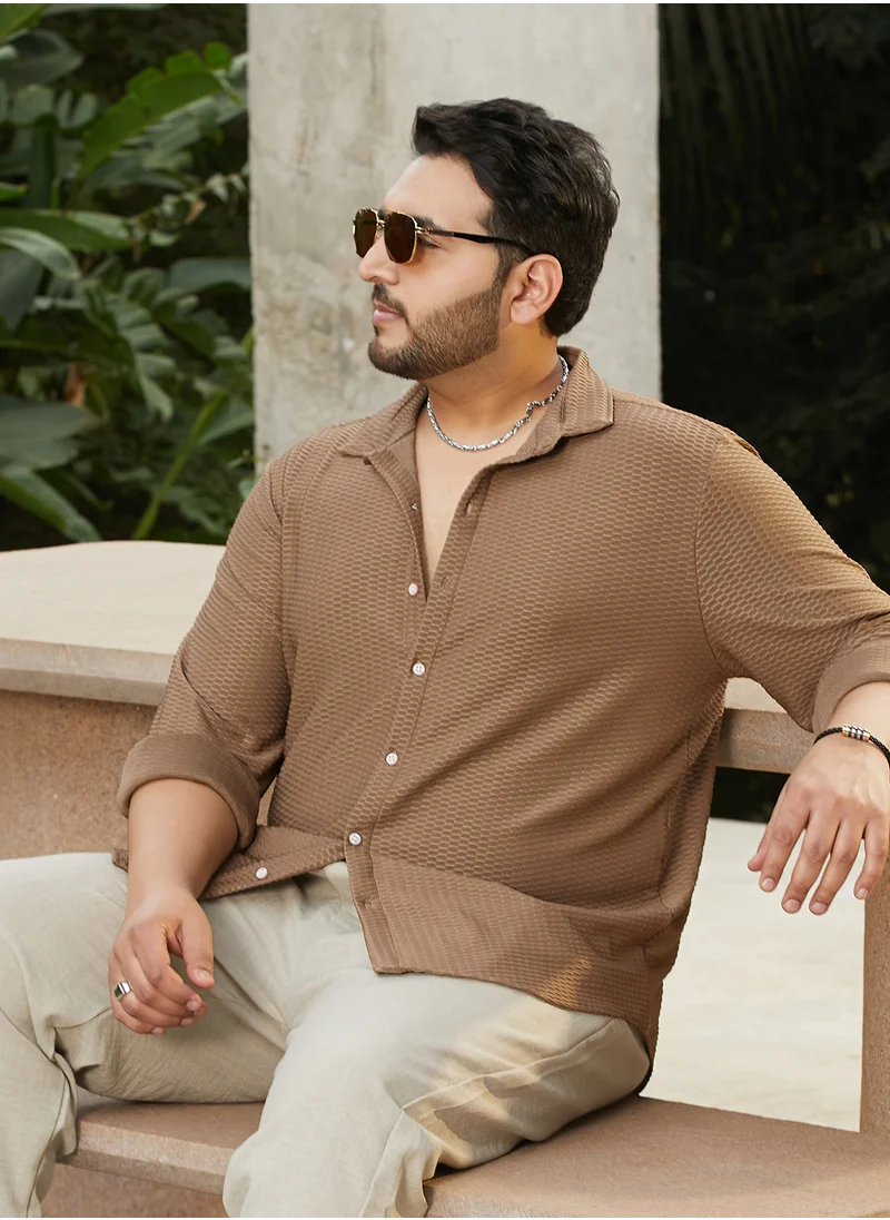 انستافاب بلس Instafab Plus Men's Mocha Brown Hive-Textured Shirt For Casual Wear | Spread Collar | Long Cuffed Sleeves | Button Closure | Plus Size Shirt Crafted With Comfort Fit For Everyday Wear
