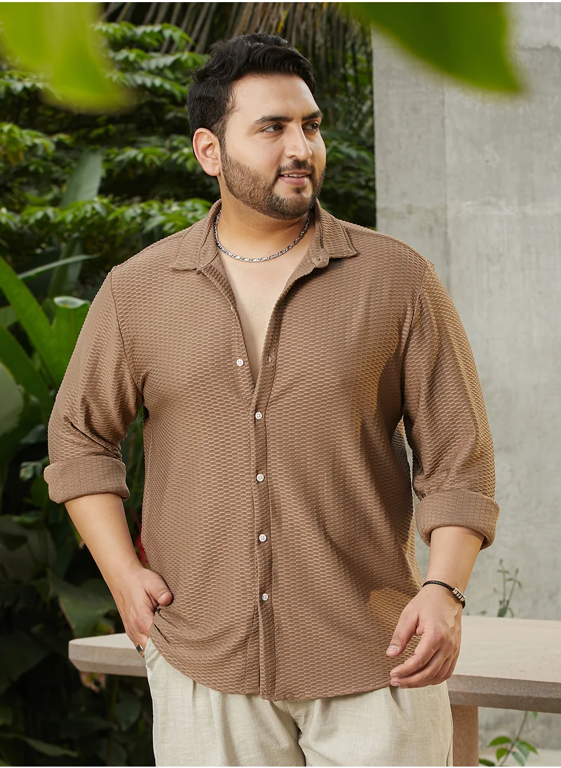 انستافاب بلس Instafab Plus Men's Mocha Brown Hive-Textured Shirt For Casual Wear | Spread Collar | Long Cuffed Sleeves | Button Closure | Plus Size Shirt Crafted With Comfort Fit For Everyday Wear