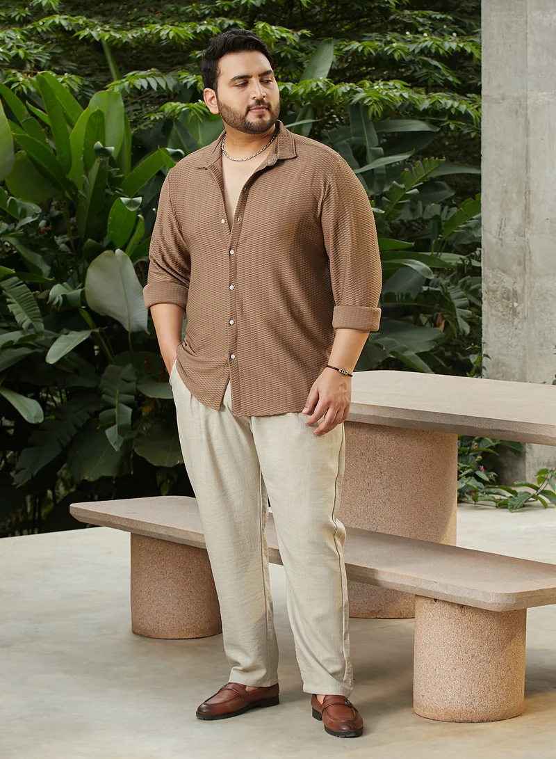 Instafab Plus Instafab Plus Men's Mocha Brown Hive-Textured Shirt For Casual Wear | Spread Collar | Long Cuffed Sleeves | Button Closure | Plus Size Shirt Crafted With Comfort Fit For Everyday Wear