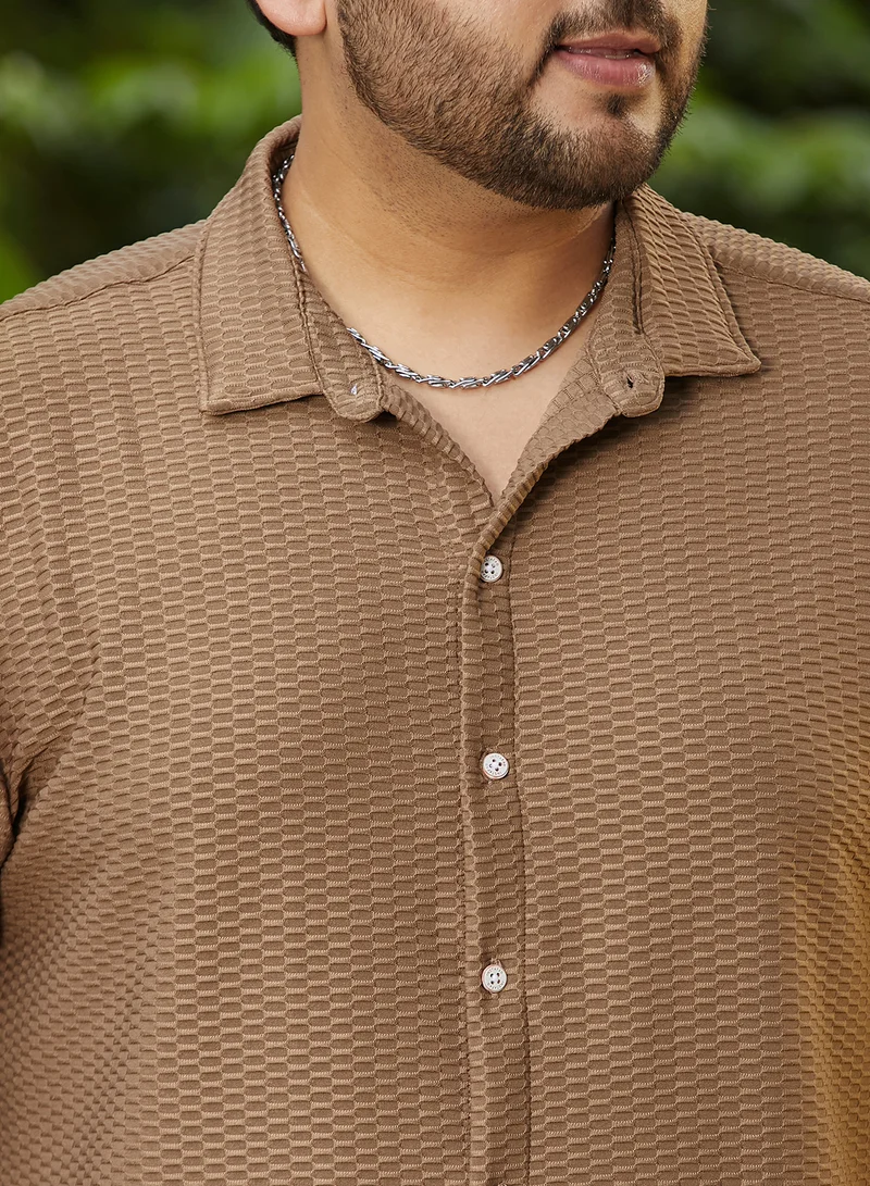 Instafab Plus Instafab Plus Men's Mocha Brown Hive-Textured Shirt For Casual Wear | Spread Collar | Long Cuffed Sleeves | Button Closure | Plus Size Shirt Crafted With Comfort Fit For Everyday Wear