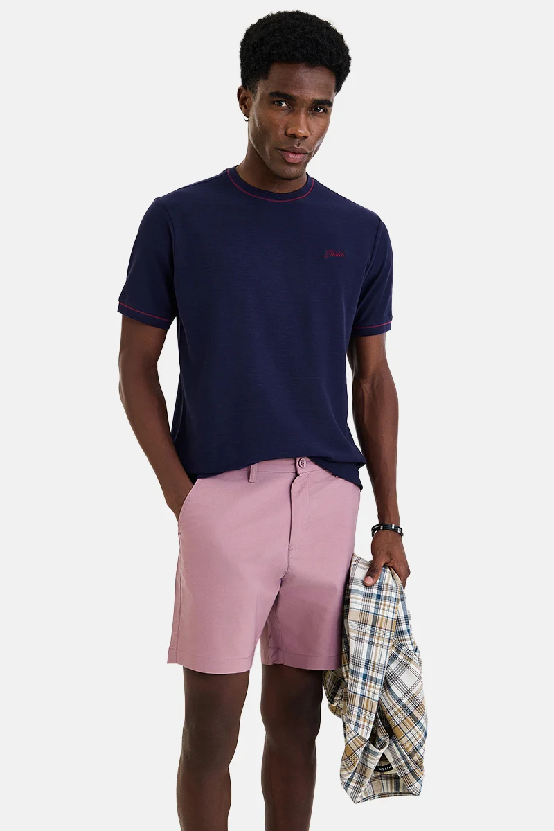 SNITCH Navy Blue Textured Short Sleeve Regular Fit Casual T-Shirt