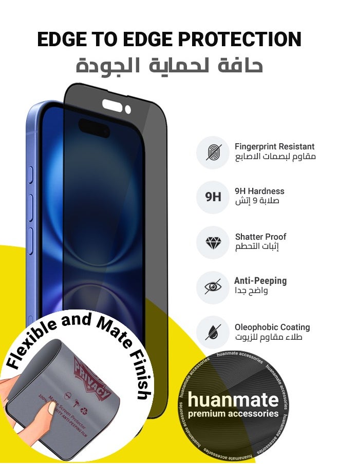 2 Pieces Apple iPhone 16 Plus Privacy Screen Protector – Flexible Privacy Nano Ceramic, Anti-Peeping, Edge-to-Edge Coverage, High Transparency, Delicate Touch, Easy Installation