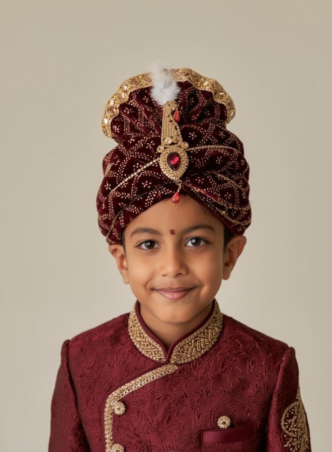Mithila royal عمامة ميثيلا الملكية للأطفال لحفلات الزفاف | عمامة للأطفال | عمامة شاروالا الملكية الجاهزة | عمامة زفاف هندية تقليدية للأعمار من سنتين إلى ١٠ سنوات | إكسسوار احتفالي وموكب الزفاف (لون عنابي) - Image 4