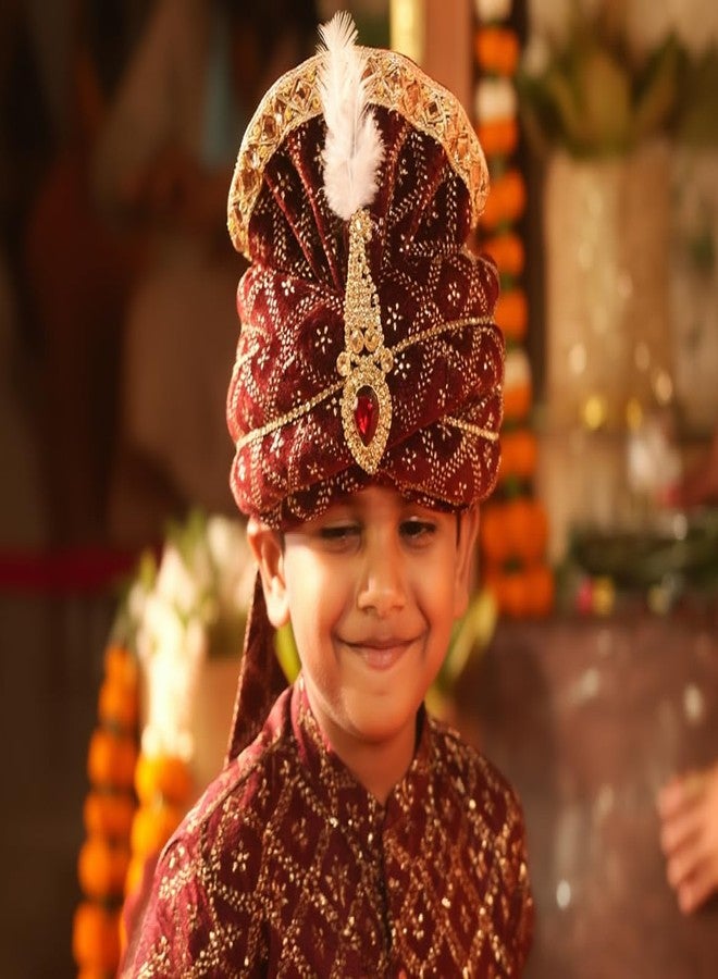 Mithila royal عمامة ميثيلا الملكية للأطفال لحفلات الزفاف | عمامة للأطفال | عمامة شاروالا الملكية الجاهزة | عمامة زفاف هندية تقليدية للأعمار من سنتين إلى ١٠ سنوات | إكسسوار احتفالي وموكب الزفاف (لون عنابي) - Image 5